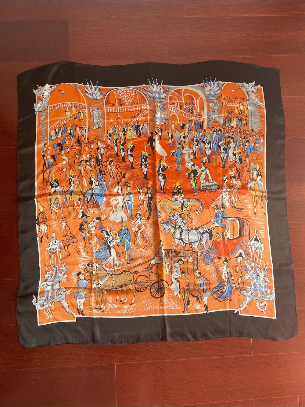 Orange Illustrated Ballroom Scene Silk Scarf